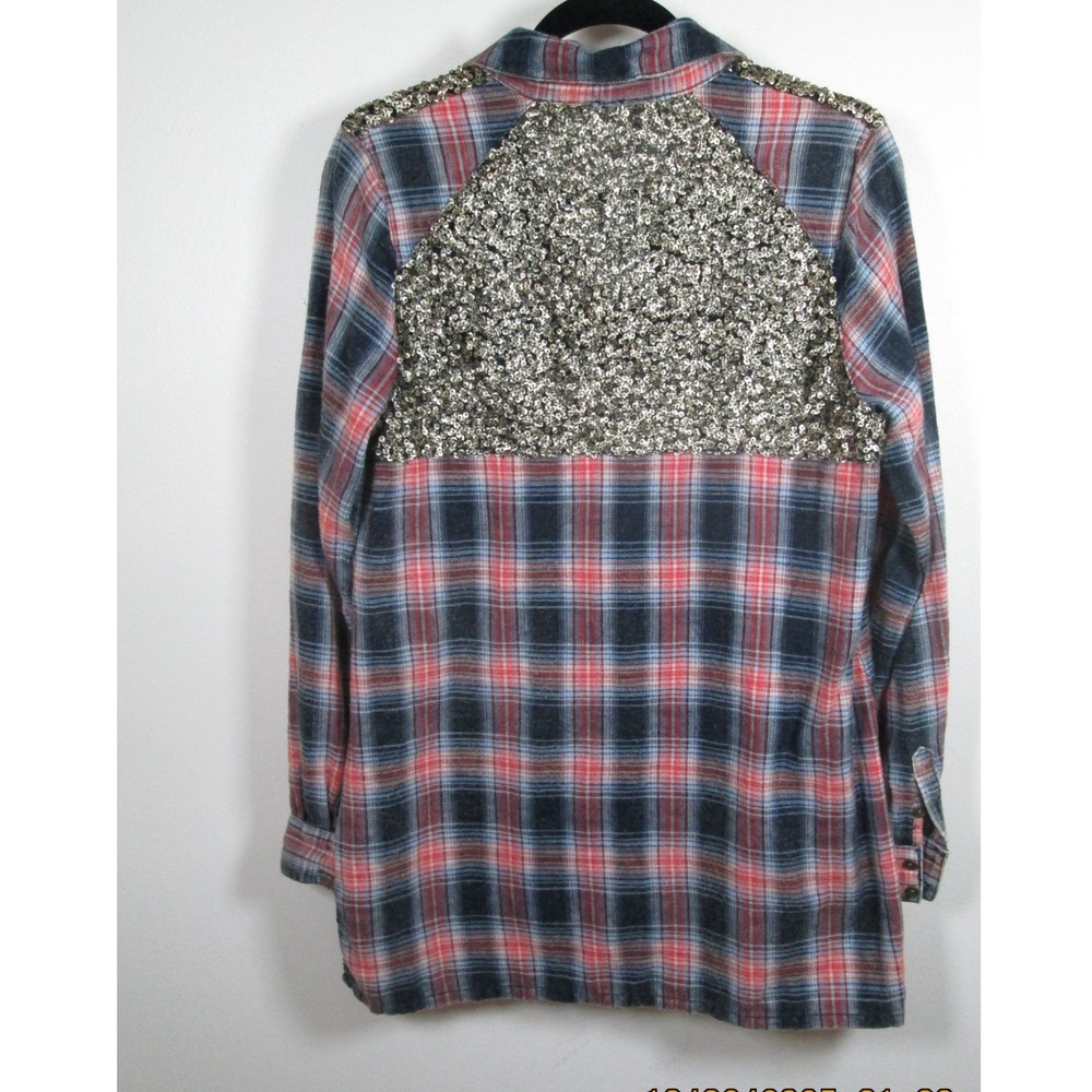 Free People‎ Shirt Small Navy Plaid Sequin Embellished Long Sleeve - Picture 4 of 11